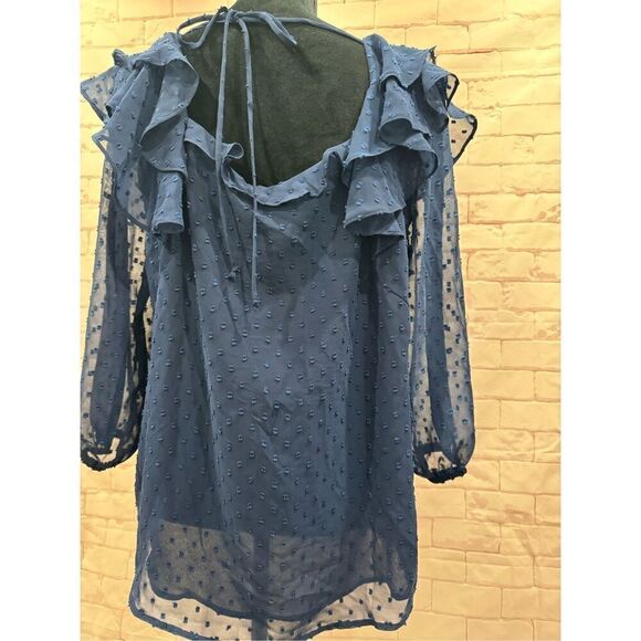 Gibson look 3/4 sleeve navy blue ruffle blouse size medium - Picture 9 of 10